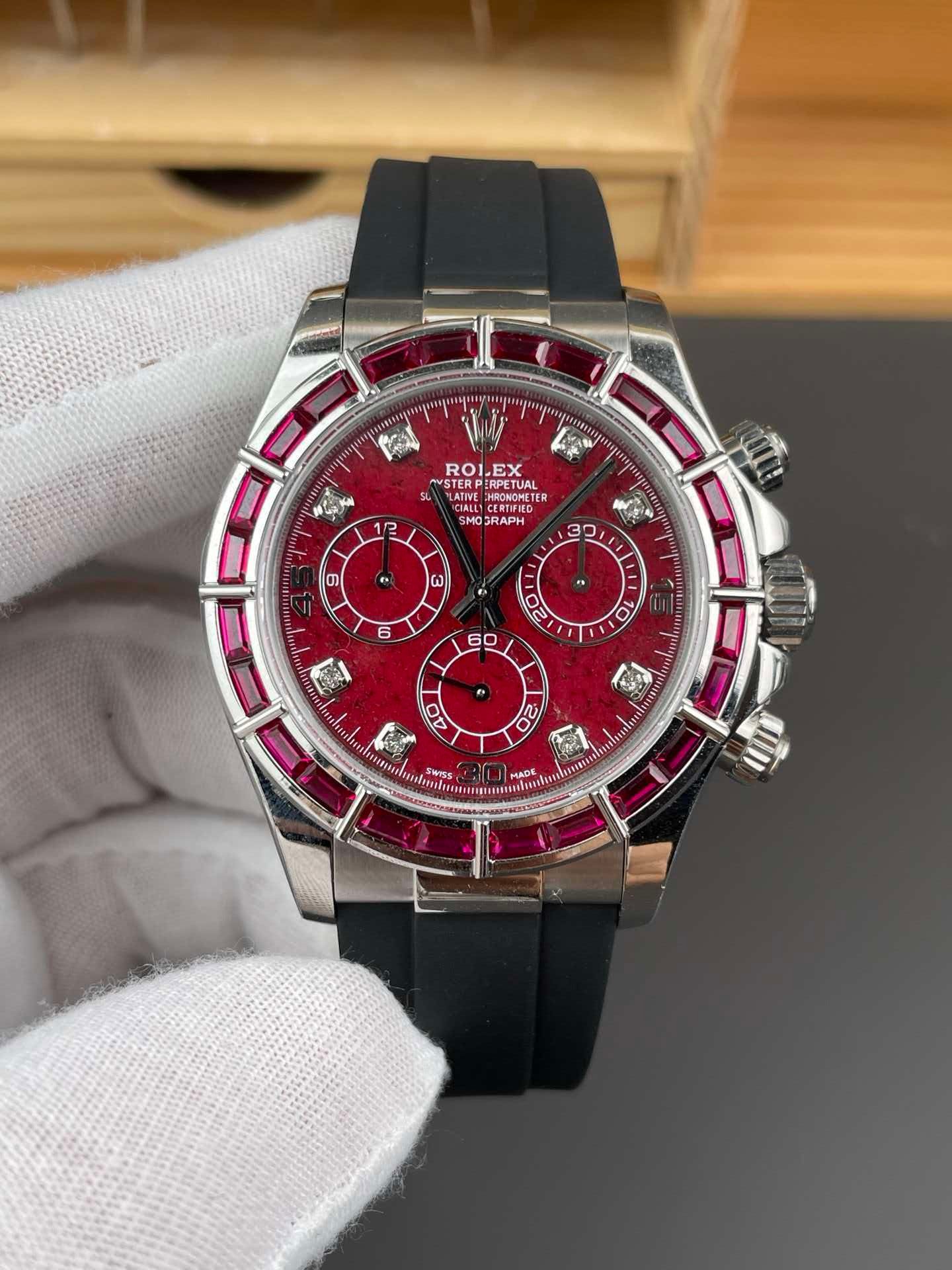 bff05bb0d35c64c3008566b04f6a5ab8 Custom Baguette Ruby Bezel Daytona, Red Stone Dial, Rubber Strap - Image 1