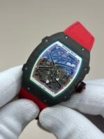 RM67‑02 Ultra‑thin NTPT Carbon Fiber Skeleton Watch, Red Woven Fabric Strap - Image 3