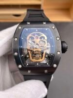 RM052 Black Ceramic Gold‑Tone Skull Skeleton Watch, Black Fluororubber Strap