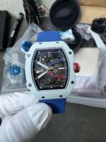 RM67‑02 White NTPT Carbon Fiber Skeleton Watch, Blue Woven Fabric Strap