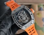 RM052 Titanium Lab‑Grown Diamond Skull Skeleton Watch, Orange Fluororubber Strap - Image 3