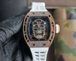 RM052 Rose‑Gold Tone Case Lab‑Grown Diamond Skull Skeleton Watch, White Fluororubber Strap
