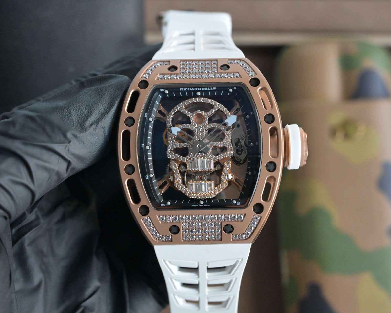 487410fc3a417072cb8b4c2f5cfd35e8 RM052 Rose‑Gold Tone Case Lab‑Grown Diamond Skull Skeleton Watch, White Fluororubber Strap - Image 1