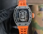 RM052 Titanium Lab‑Grown Diamond Skull Skeleton Watch, Orange Fluororubber Strap