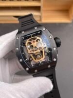 RM052 Black Ceramic Gold‑Tone Skull Skeleton Watch, Black Fluororubber Strap - Image 3