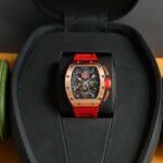RM011‑02 Rose Gold Chronograph Skeleton Watch, Red Fluororubber Strap - Image 3