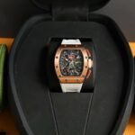 RM011‑02 Rose Gold Chronograph Skeleton Watch, White Rubber Strap - Image 3