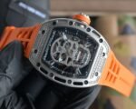 RM052 Titanium Lab‑Grown Diamond Skull Skeleton Watch, Orange Fluororubber Strap - Image 4