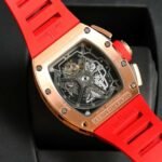 RM011‑02 Rose Gold Chronograph Skeleton Watch, Red Fluororubber Strap - Image 6