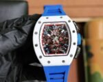 RM011‑03 White Ceramic Chronograph Skeleton Watch, Blue Fluororubber Strap