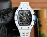 RM011‑02 White Ceramic Chronograph Skeleton Watch, White Hollow Fluororubber Strap