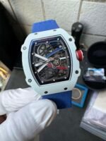 RM67‑02 White NTPT Carbon Fiber Skeleton Watch, Blue Woven Fabric Strap - Image 4