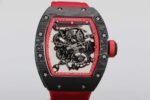 RM055 Black Forged Carbon‑TPT Case, Red Chapter Ring, Red Nylon‑Woven Strap