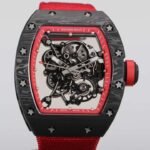 RM055 Black Forged Carbon‑TPT Case, Red Chapter Ring, Red Nylon‑Woven Strap