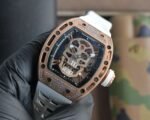 RM052 Rose‑Gold Tone Case Lab‑Grown Diamond Skull Skeleton Watch, White Fluororubber Strap - Image 8